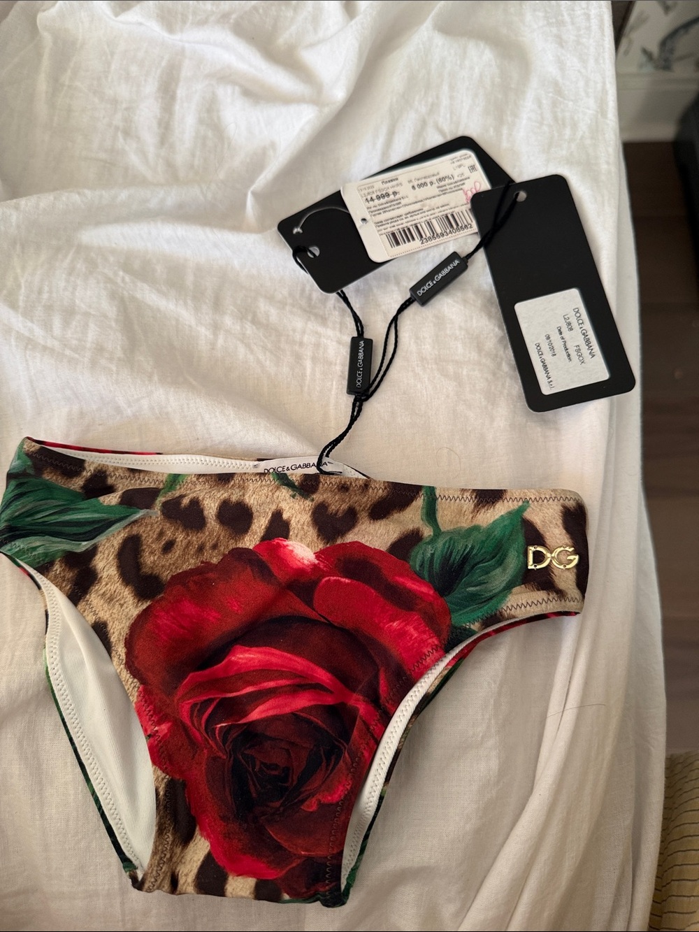 Dolce & Gabbana Leopard & Red Rose Bikini Brief with Gold DG Logo